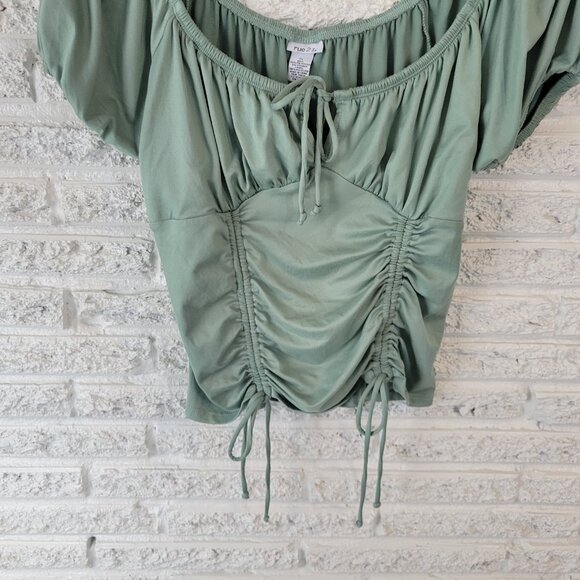 Rue 21 Womens Top XL Crop Green Puff Sleeve On Off Shoulder Ruched GRE23E - Picture 4 of 7